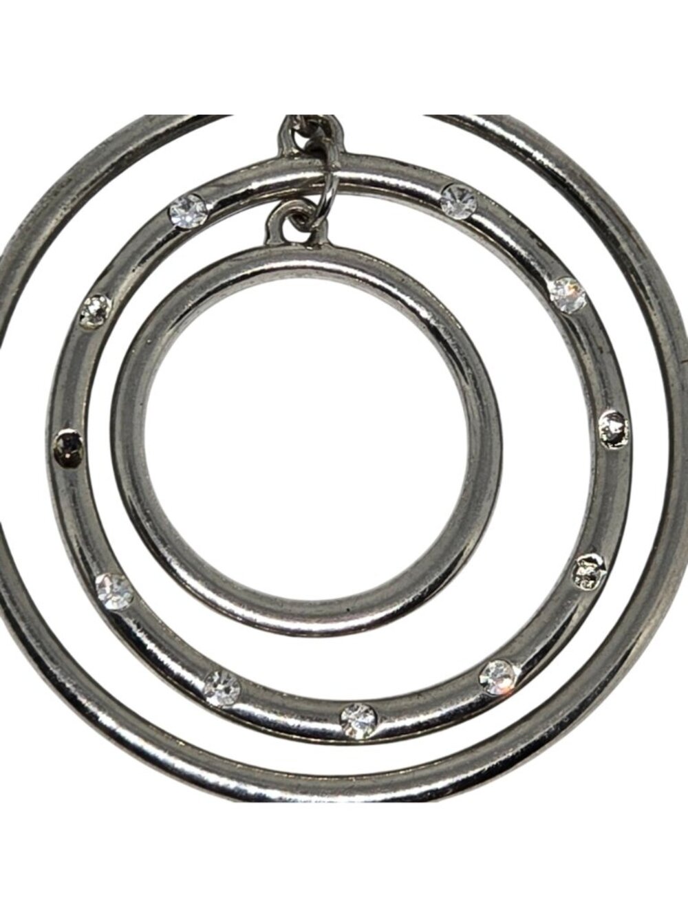 Vintage Silver Tone Triple Circle Hoop Dangle Earrings Rhinestone Accents - Picture 5 of 8
